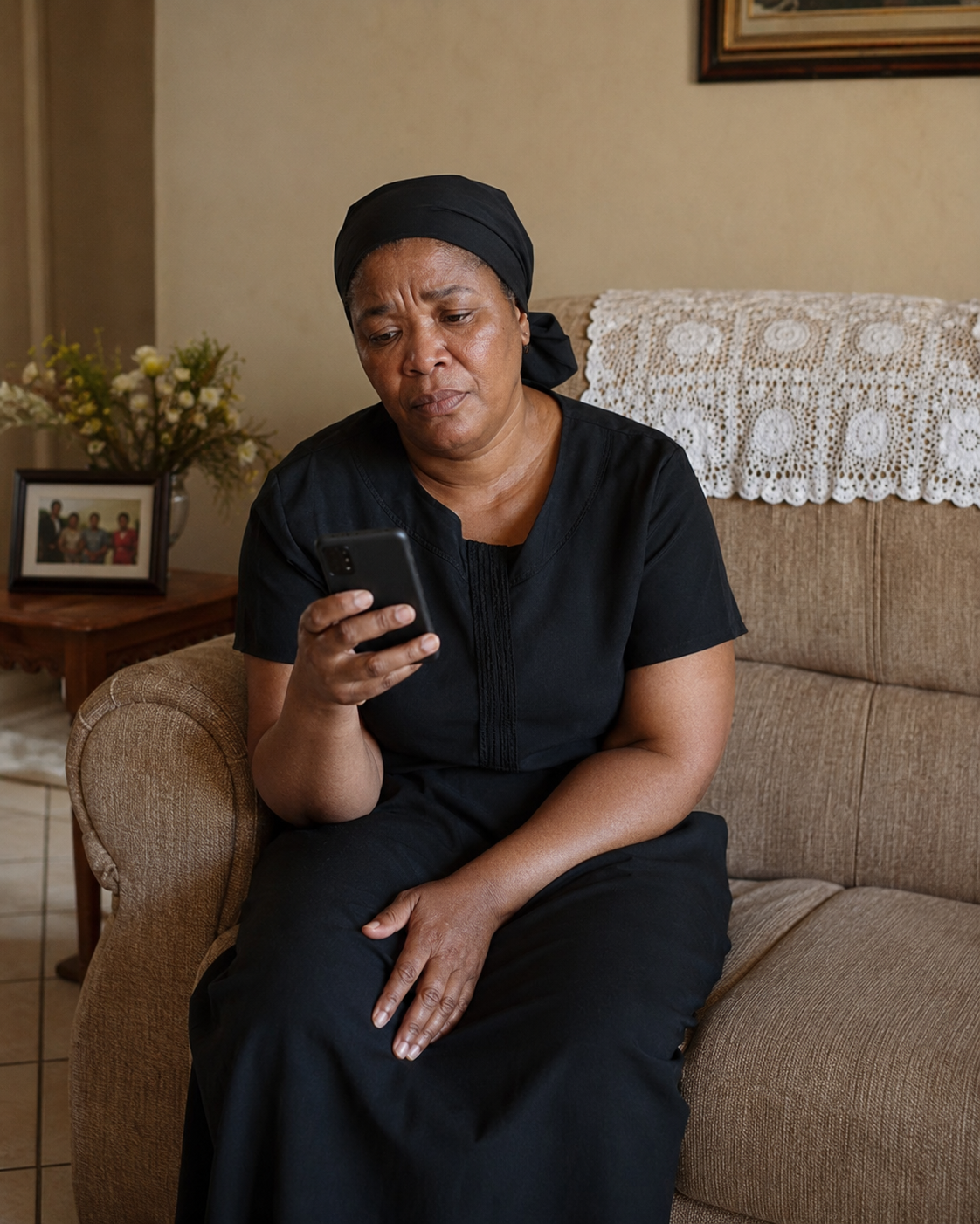 A grieving family member at home answering repeated messages on her phone