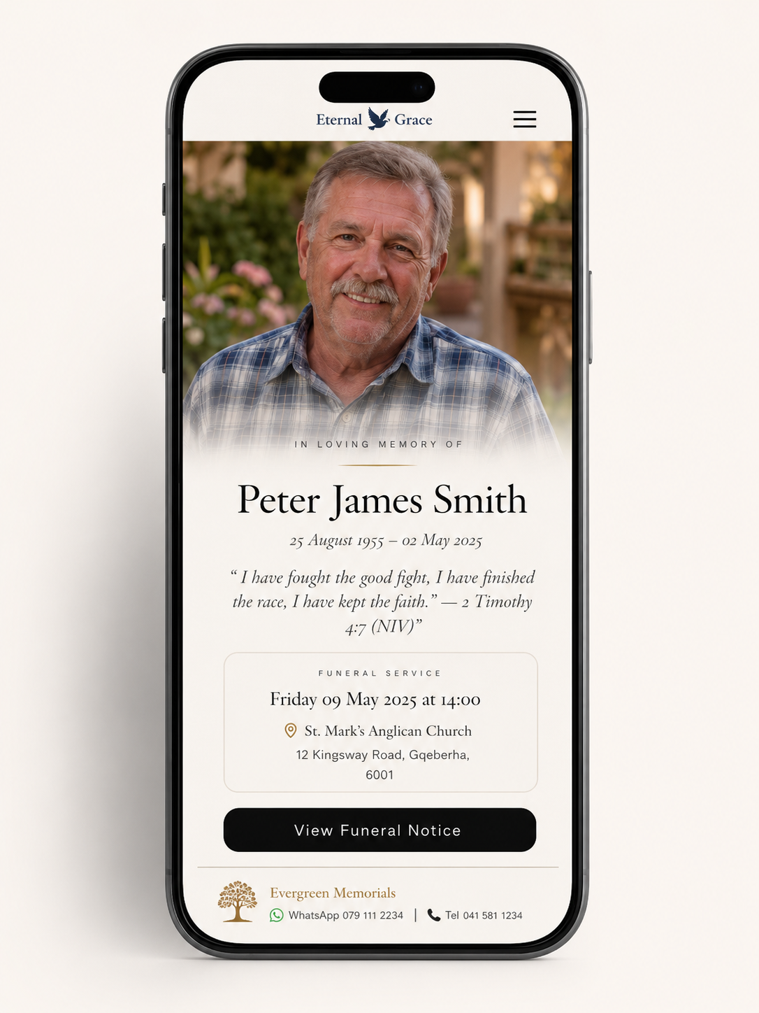 Eternal Grace memorial for Peter James Smith branded by Evergreen Memorials
