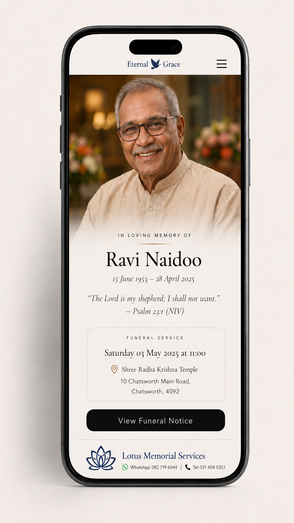 Eternal Grace memorial for Ravi Naidoo branded by Lotus Memorial Services