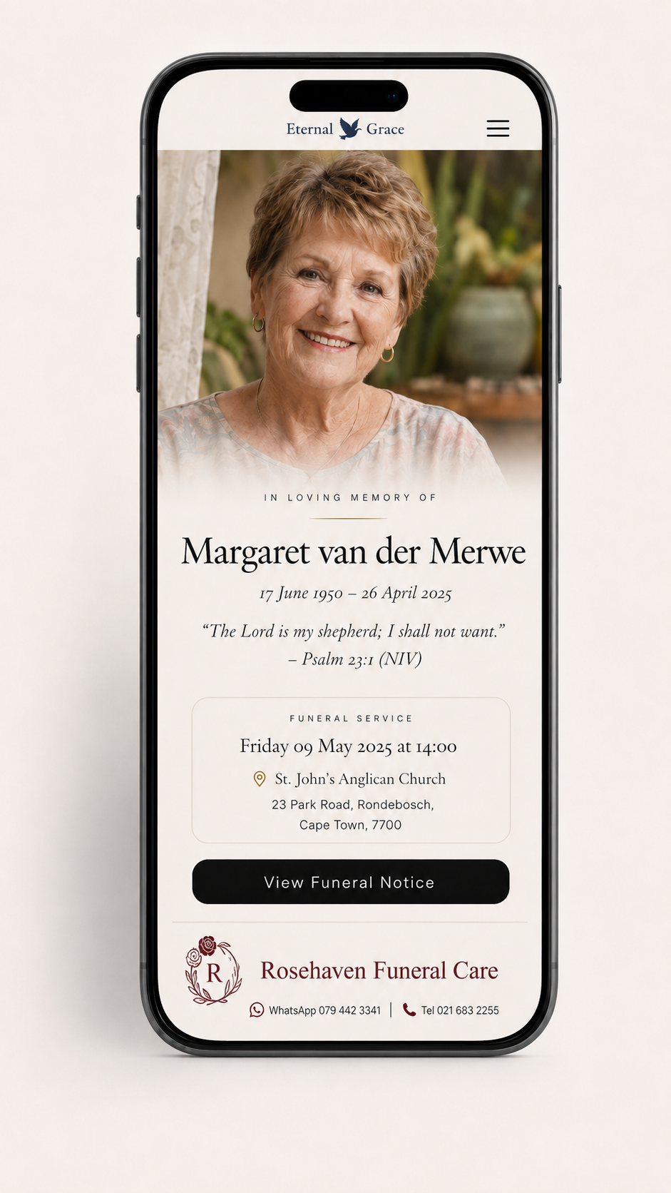 Eternal Grace memorial for Margaret van der Merwe branded by Rosehaven Funeral Care